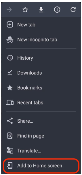 Android Chrome menu showing Add to Home screen