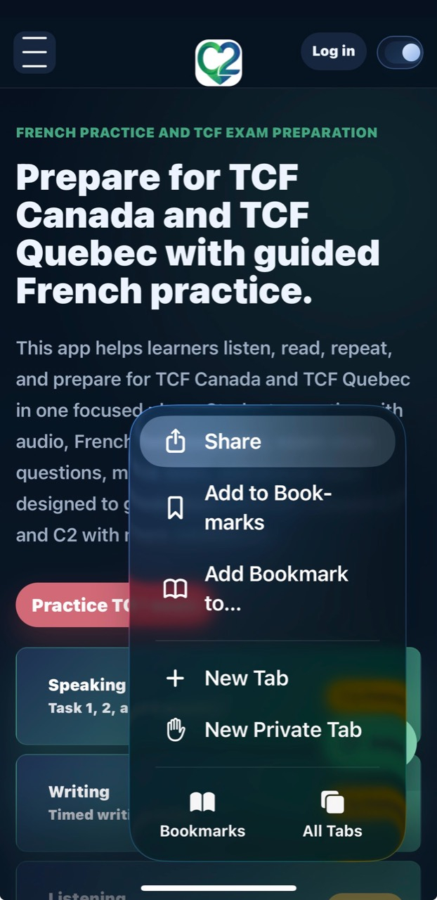 iPhone Safari menu showing Share highlighted