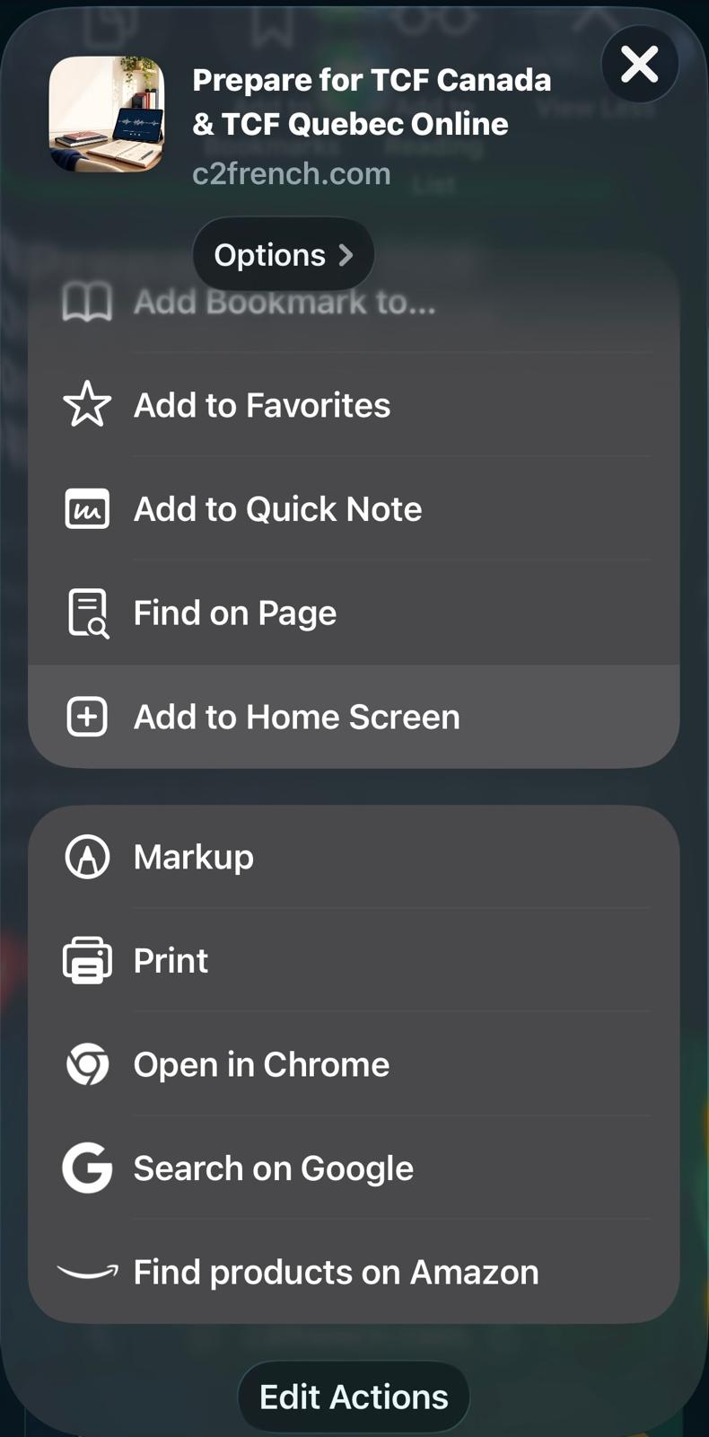 iPhone share sheet showing Add to Home Screen