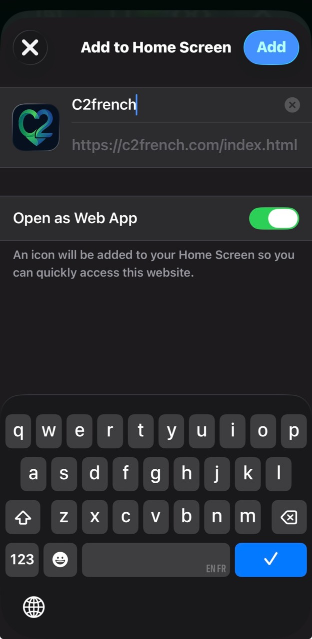 iPhone Add to Home Screen confirmation screen